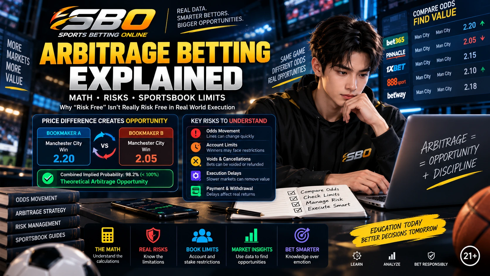 Educational graphic showing sports odds from different markets and a theoretical arbitrage calculation