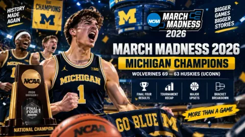 College basketball arena graphic representing the March Madness 2026 championship and tournament recap