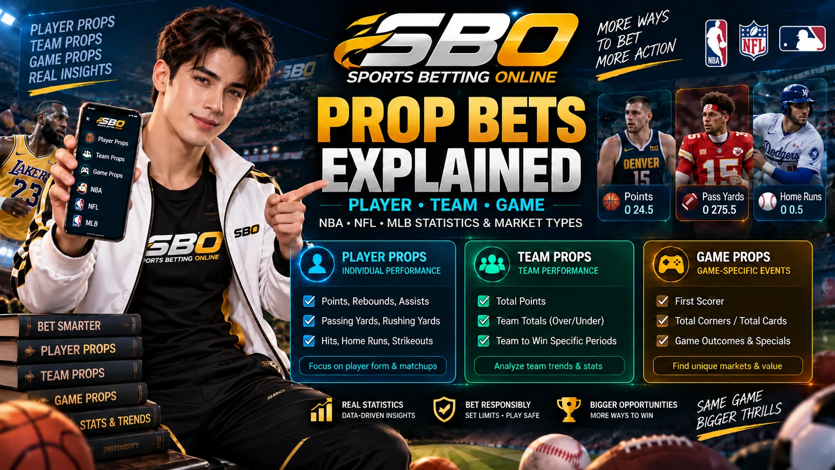 Educational sports graphic explaining player team and game proposition markets