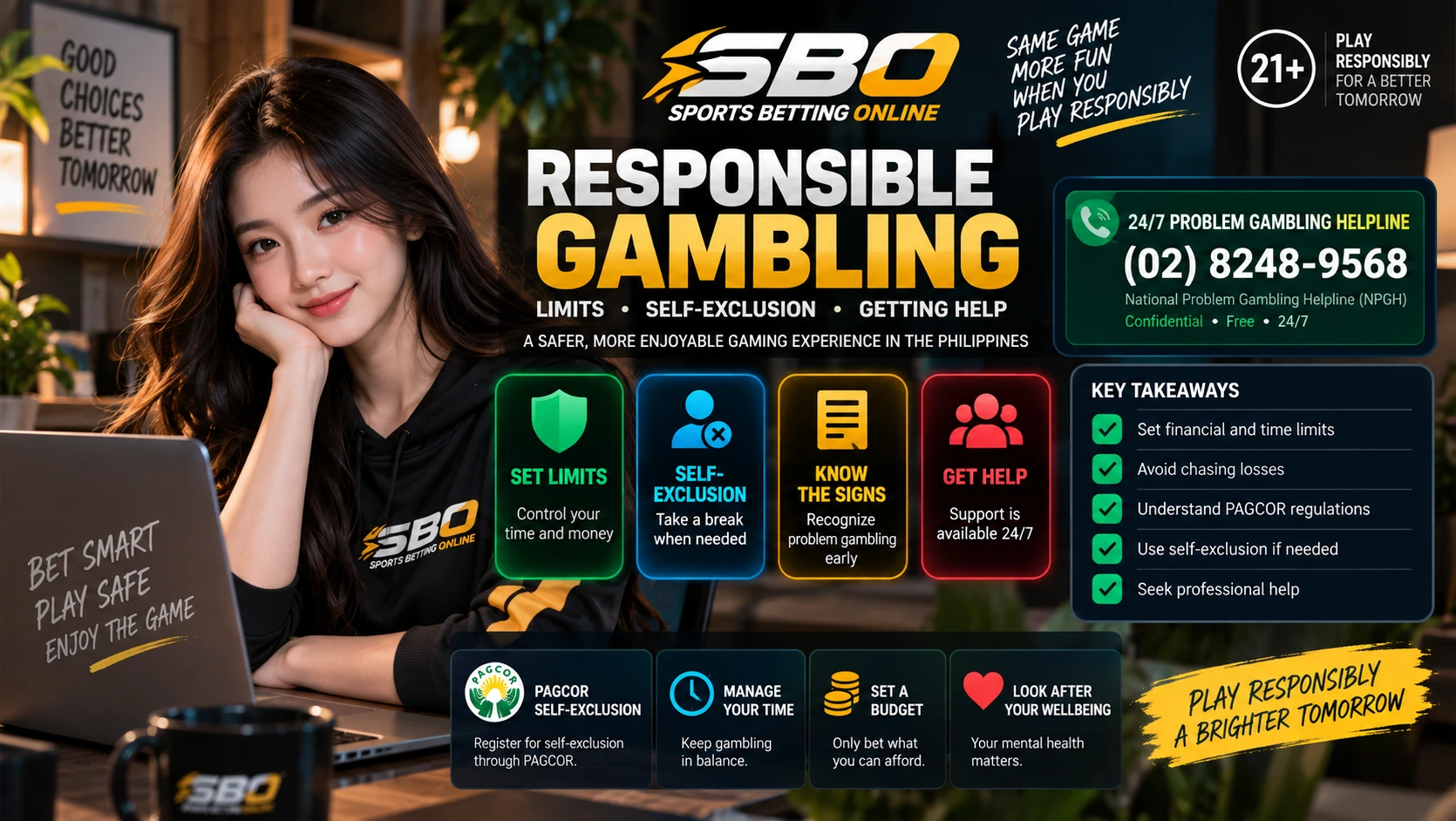 Responsible gambling support illustration showing limits, self-exclusion and confidential help in the Philippines