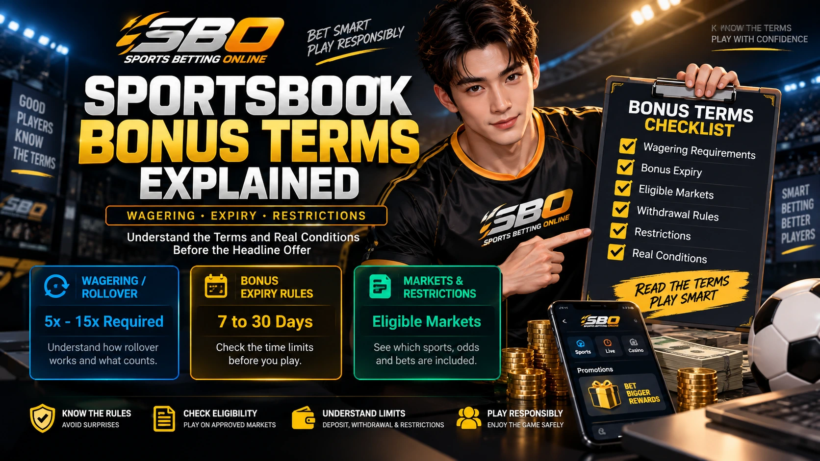 Educational graphic explaining sportsbook promotion terms, expiry and wagering requirements